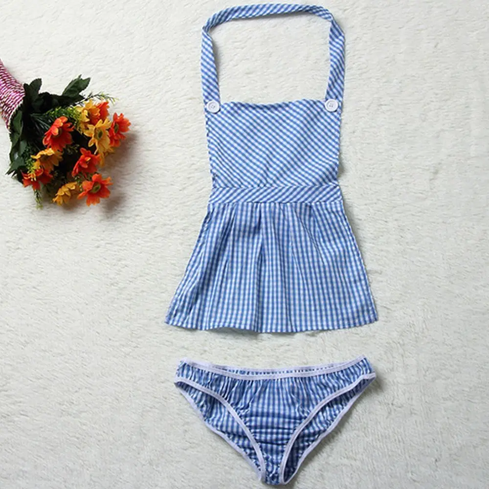 

Backless Lingerie Cosplay Maid Adult Uniform Plaid Apron with Panties Exotic Underwear Nightwear Costumes Women Sleepwear