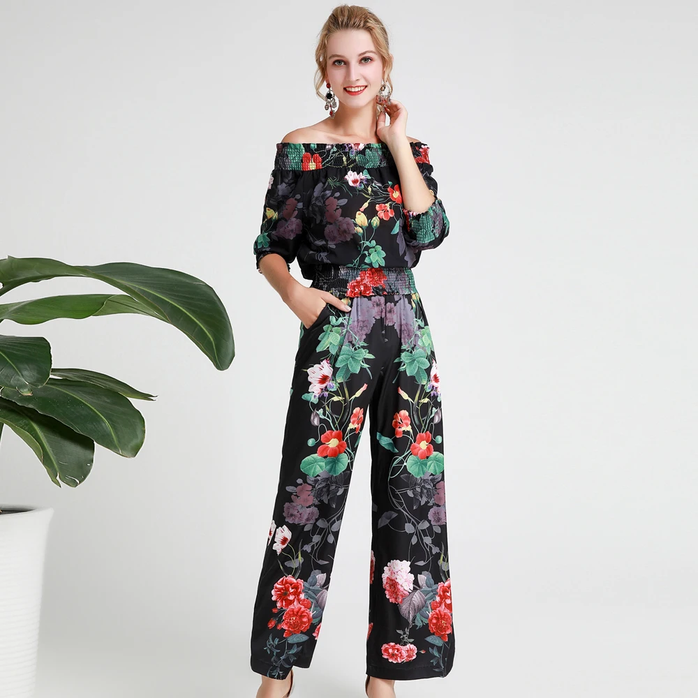 

Red RoosaRosee Designer Runway Women 2 Piece Set Sexy Slash Neck Black Flower Print Shirt Top + Wide-legged Pants Suit Twinset