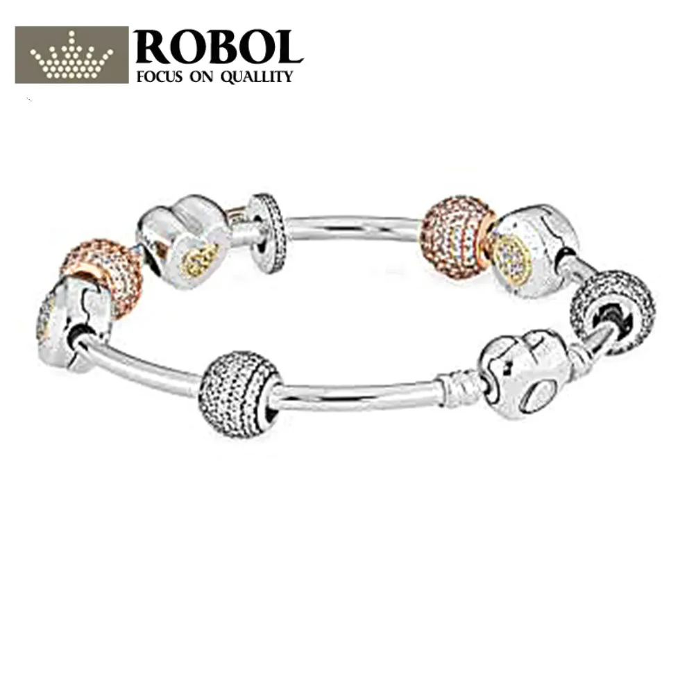 

ROBOL 2017 The new 100% 925 Sterling Silver Bangles & original Bracelet For Women With Charm Beads Luxury Original Jewelry Gift
