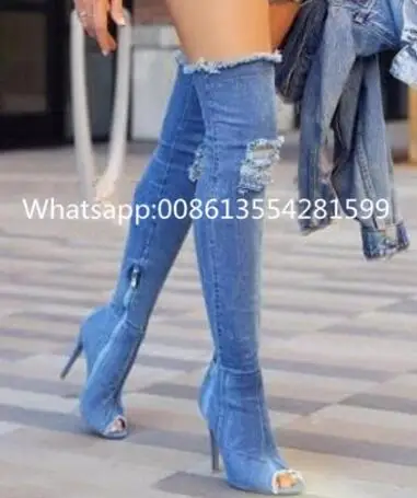 

Real Picture !Fashionable Women Denim Leather Zipper Peep Toe Over The Knee Long Booties Free Shipping Newest Arrival Sandals