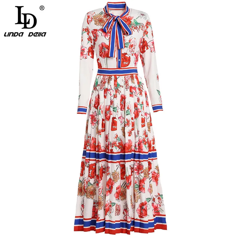 

LD LINDA DELLA 2019 Spring Fashion Designer Long Dress Women's Long Sleeve Bow Collar Beautiful Floral Print A Line Casual Dress