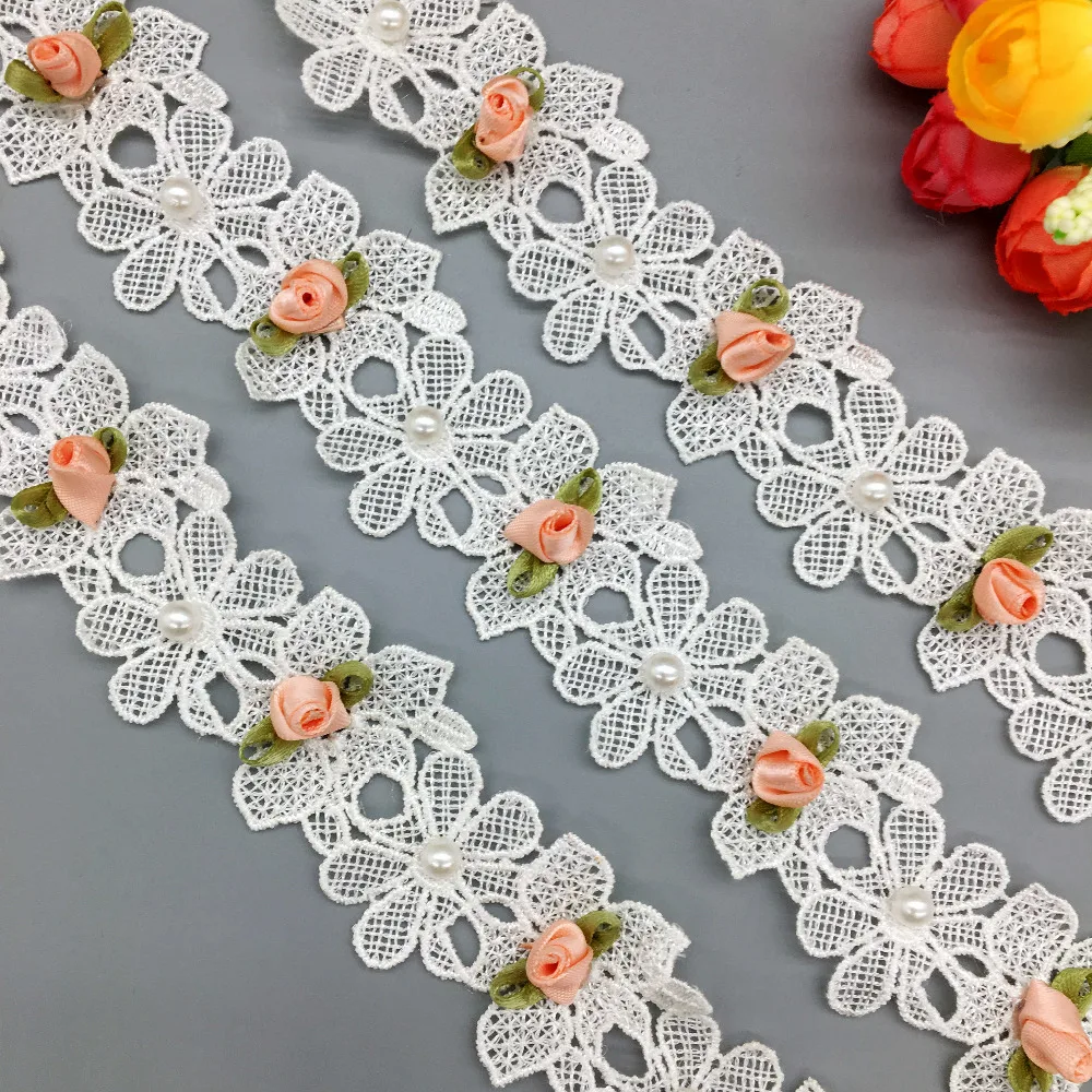 2 Yard Vintage Polyester Pink Flower Leaves Pearl Fabric Lace Trim Wedding Dress Ribbon Embroidered Applique Sewing Crafts | Дом и сад