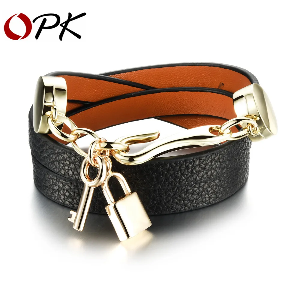 OPK кожа Braceket сплав/воловья Материал Многослойные замки кожаные Bracekets для женщин