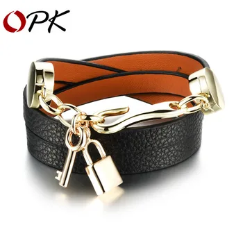 

OPK Leather Braceket Alloy/Cowhide Material Multilayer Locks Leather Bracekets For Women Making Wide Vintage Hot Selling PH1072