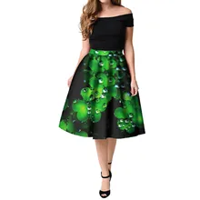 Летняя юбка с высокой талией, полиэстер, принт, Повседневная плиссированная Женская юбка-клеш в складку средней длины с принтом Святого Патрика