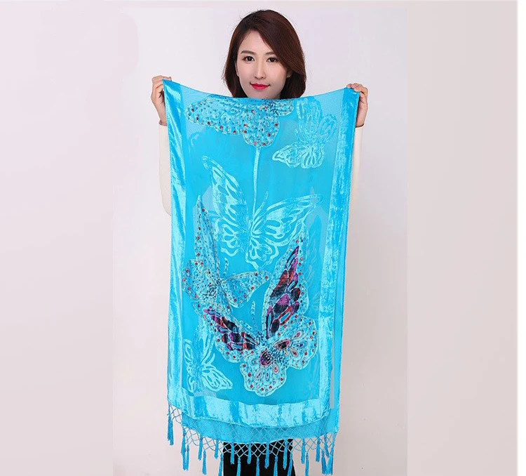 Китайские женские бархатные шелковые расшитые бисером шали винтажные шарфы с вышивкой ручной работы шарф длинная бахрома Пашмина бабочка накидка-палантин