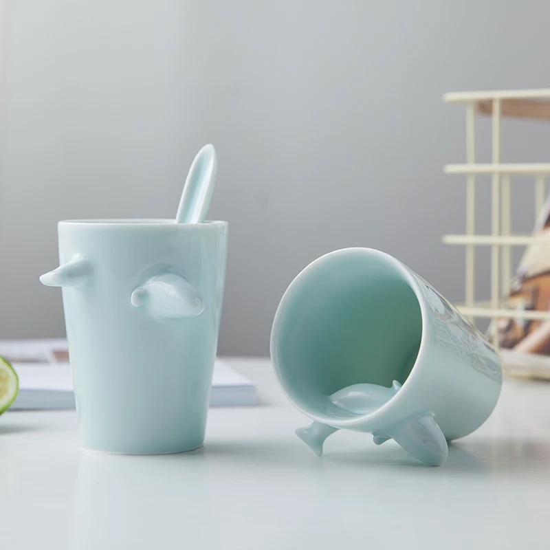 Изысканная зеленая глазурь 3D стереоскопические дельфины керамическая кофейная чашка