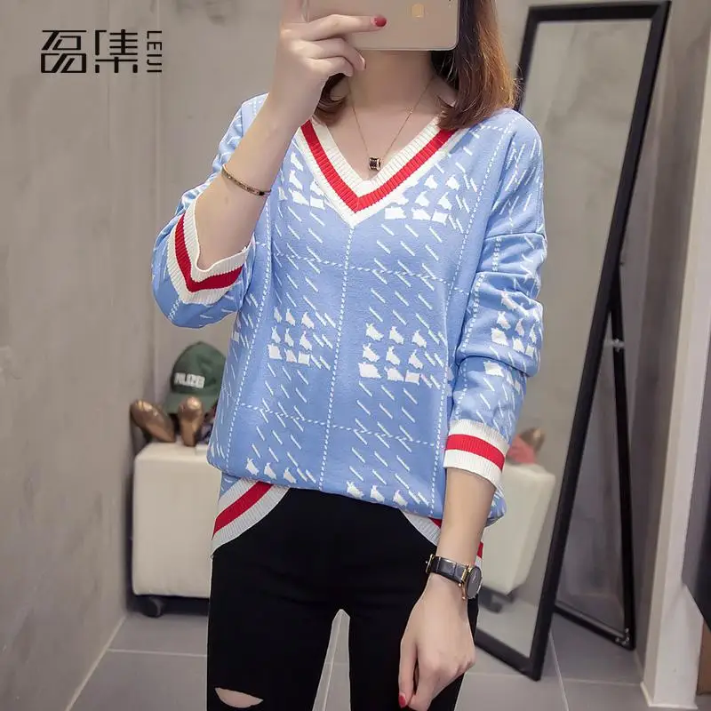 

2019 Autumn Women Lady Sweater Plus Size Geometric Stripe Contrast Color V-neck Sweater Women Bottoming Knitted Pullovers