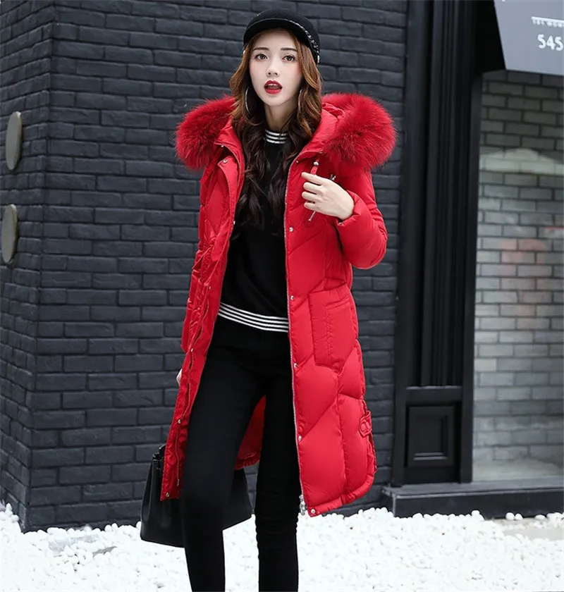 Новинка, зимняя куртка, женский длинный пуховик, хлопковая куртка, Женская парка, большой меховой воротник, с капюшоном, хлопковое пальто, женские куртки, пальто, верхняя одежда A93 - Цвет: Red