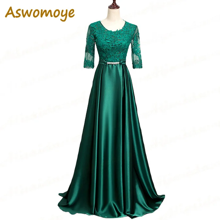 formal evening dresses Aswomoye Half Sleeve Evening Dress 2018 Appliques A-Line Prom Dresses Party Dress of the day Floor Length robe de soiree evening wear dresses