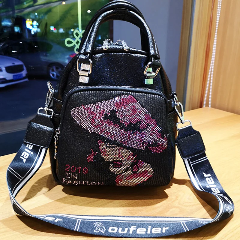 

Women Luxury Shoulder Bags Crystal Totes Women Character Print Leather Bags 2019 New Purple Blue Ladies Crossbody Messenger Bags