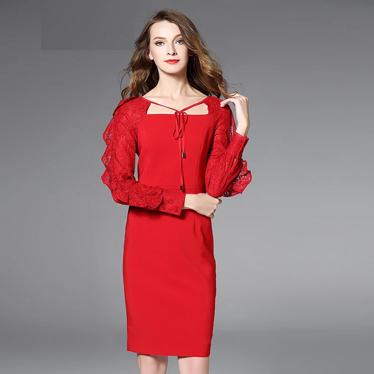 

2019 new fashion lady elegant party dress women squre collar long sleeve party dresses lace sleeves above knee Dress