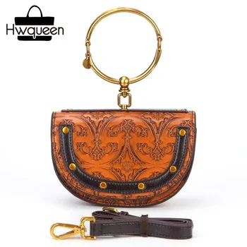 

Semicircle Design Genuine Leather Woman Messenger Bag Gold Metal Bracelet Handle Lady Small Handbag Cross Shoulder Bag