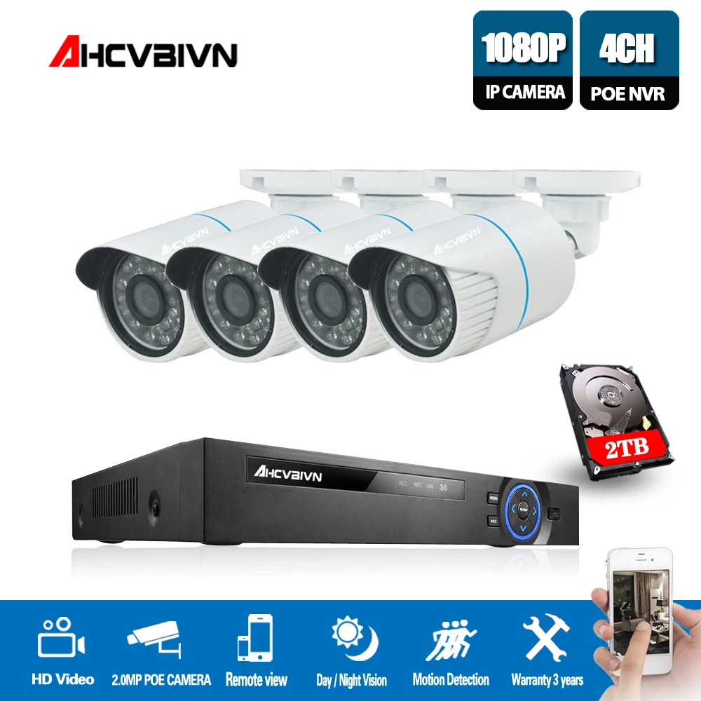 

4CH NVR POE 1080P CCTV System 2MP HD Network Camera Weatherproof Motion Detection Security Camera System