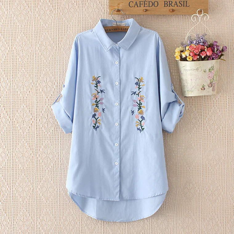 

Plus-size embroidery cotton + flax long sleeve shirt