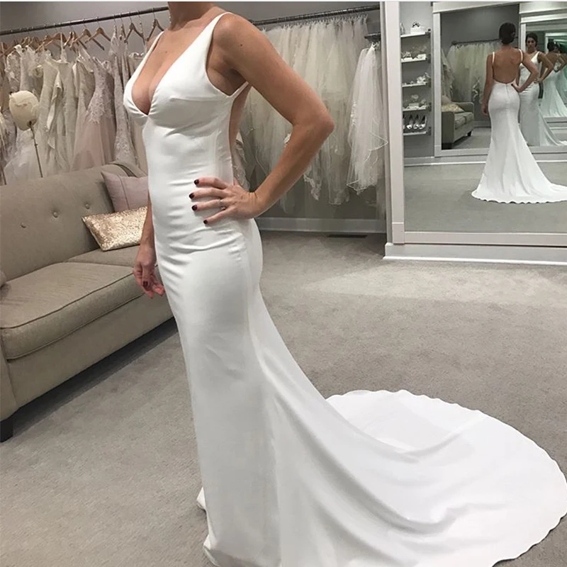 

Vestido De Noiva 2019 New White Ivory Mermaid Wedding Dresses Sexy V-neck Open Back Satin Bridal Gowns Custom Made