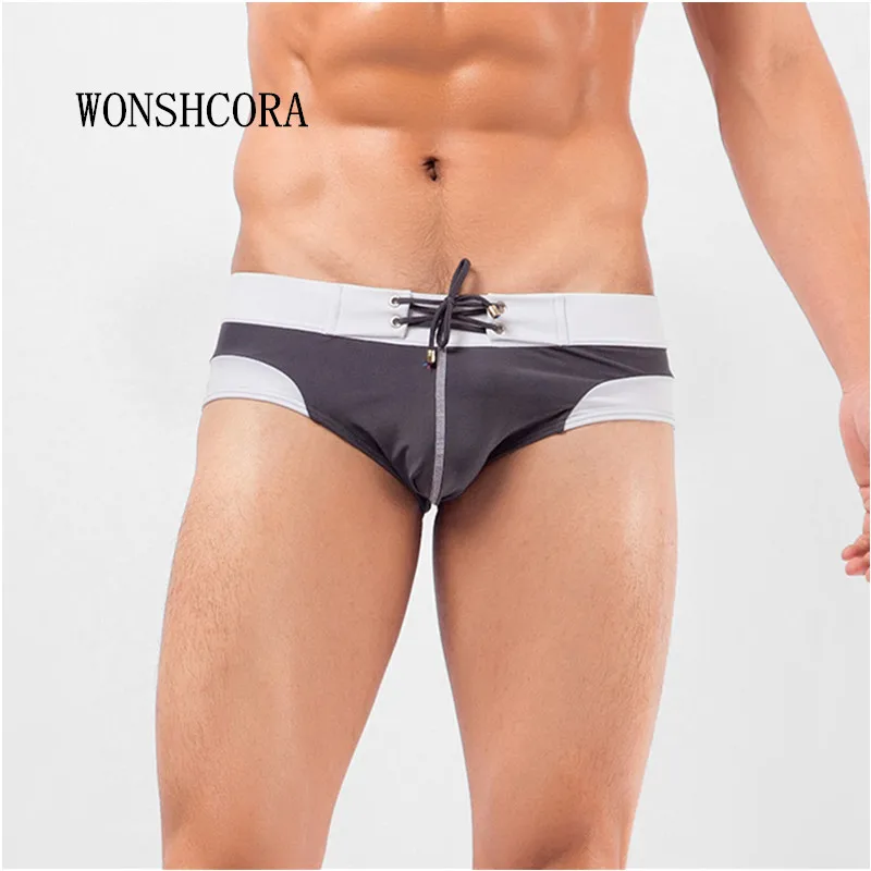 WONSHCORA, Брендовые мужские сексуальные плавки, новые плавательные трусы, тонкие плавки, мужские плавки с заплатками, яркие цвета, подходящий дизайн - Цвет: gray