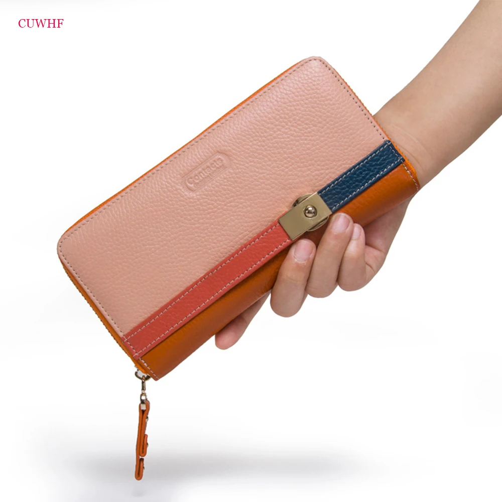

CUWHF New contrast Genuine Leather Women Wallets Luxury Female Purse Women's Clutch Wallet & Credit Bag Cellphone Bag For Women