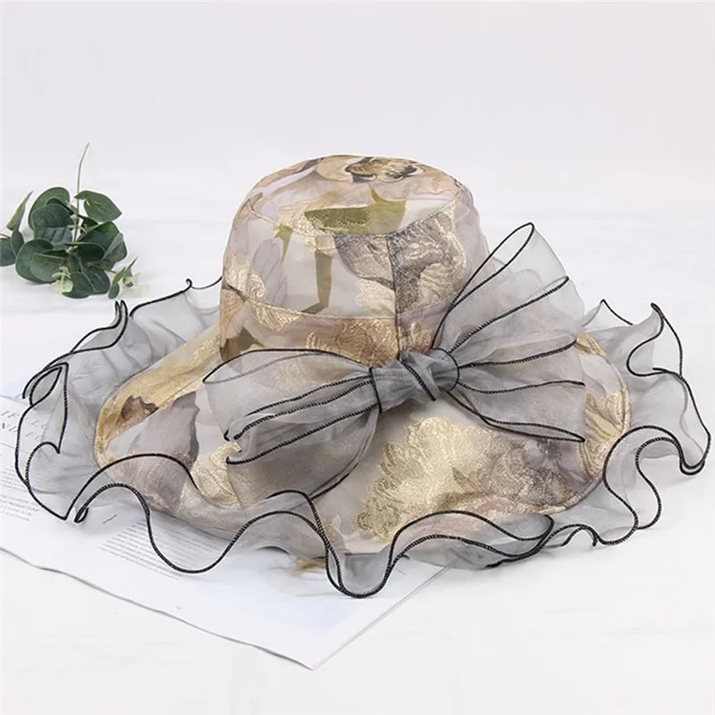 Imixlot محل 2019 جديد خمر الأزهار المطبوعة Bowknot قبعات للحماية من الشمس للنساء الصيف واسعة حافة الأورجانزا صافي الغزل الشاطئ قبعات