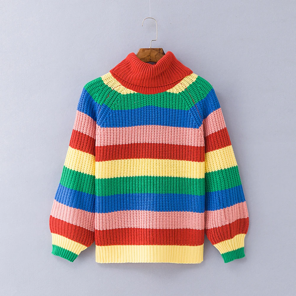 Casual Loose Autumn Winter Turtleneck Sweater Women Oversize Rainbow Striped Knitted Sweaters Warm Long Sleeve Pullover Sweater - Цвет: Многоцветный