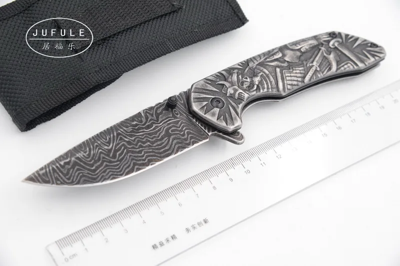 

JUFULE 2018 Design Shadow Damascus Pattern folding flipper D2 blade steel handle camp hunt utility EDC tool dinner kitchen knife