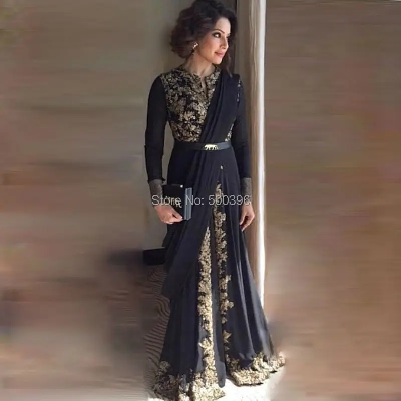 Muslim Arab Black Chiffon Gold Appliques Mother of the Bride Dresses ...