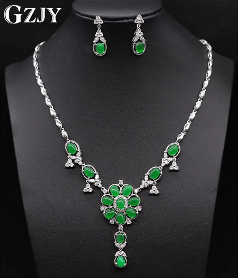 

GZJY Noble Jewelry Sets White Gold Color Green Stone&AAA Cubic Zircon Necklace Earring Set For Women Party Jewelry