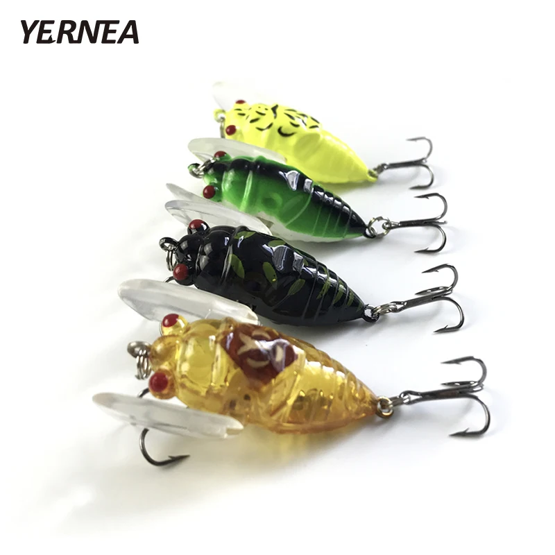 

Yernea 4pcs/Lot 4 Colors Fishing Lures Insects Cicadas Bionic Roads Ports Fishing Tackle 3D Eyes Wobblers Artificial Bait