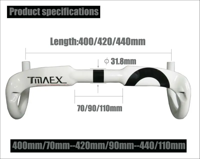 Tmaex-полностью из углеродного волокна, руль для шоссейного велосипеда, руль для велосипеда руль, углеродный руль для шоссейного велосипеда Запчасти белая глянцевая 400/420/440 мм