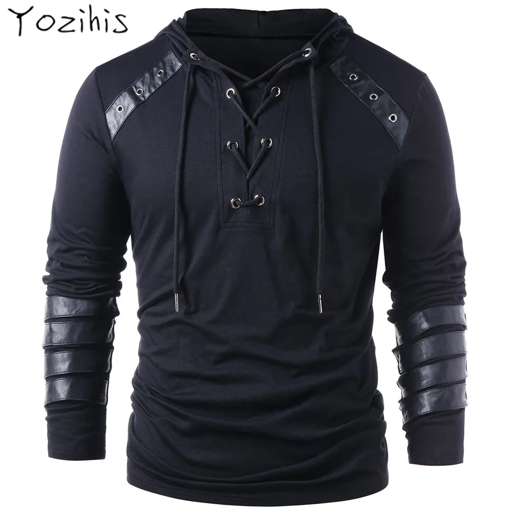 Yozihis الرجال أزياء فو الجلود الدانتيل يصل هوديي لصديقها جديد نمط الرباط رداء صوفي بقلنسوة البلوز الكامل الأكمام