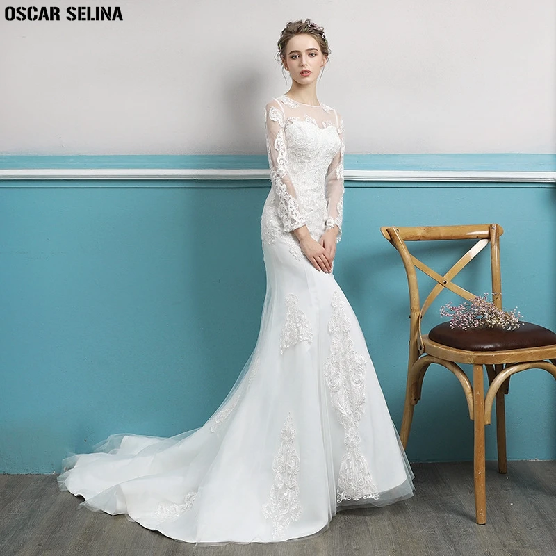 OSCAR SELINA Vestido de noiva2019 новое из кружева с вырезом на шее длинным рукавом сексуальное