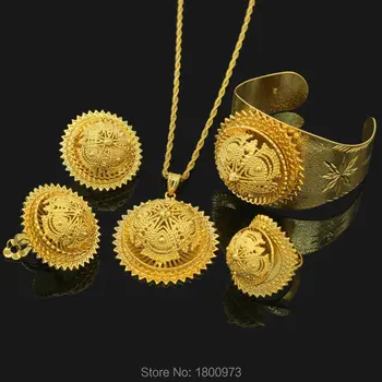 

New Big Size Ethiopian set Jewelry 24k Gold Color Pendant/Necklace/Earrings/Ring/Bangle Nigeria/African/Eritrea Women Wedding