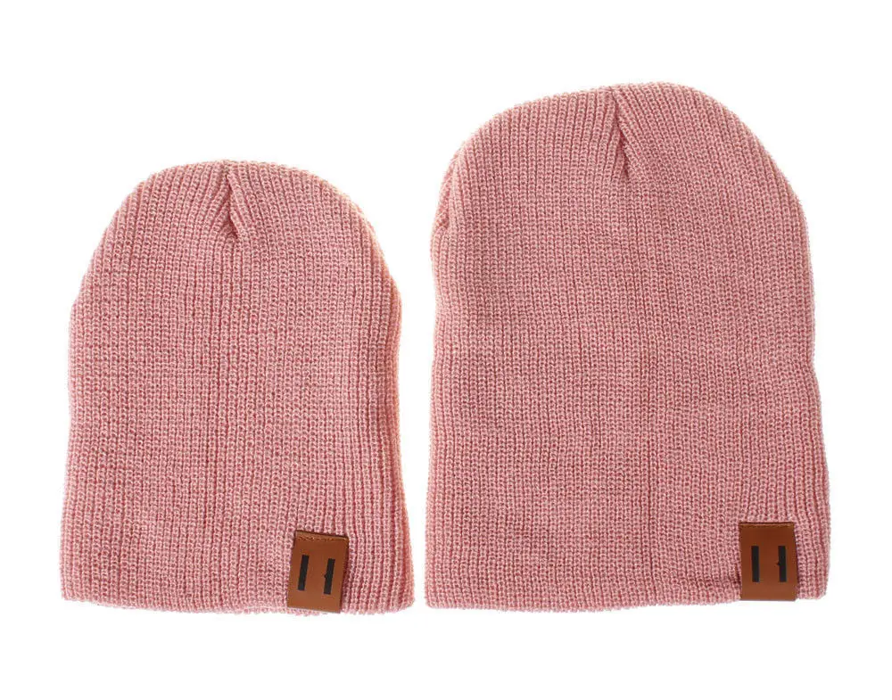 Бренд, мужская и женская семейная шапка, зимняя вязаная теплая шапочка-бини для детей, папы и мамы - Цвет: Розовый