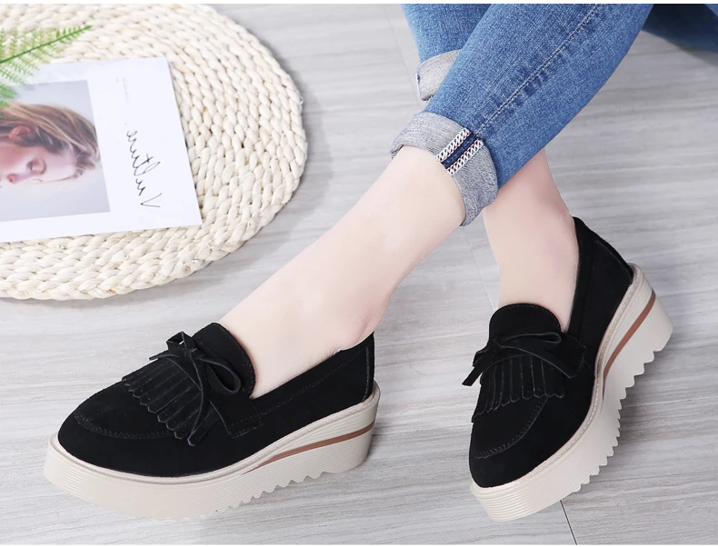 O16U Spring Women Flat Platform Shoes Suede Leather Tassel Loafers Slip on Casual Shoes Women Moccasins Ladies Creepers