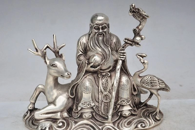 

China fengshui silver Immortal Deer Longevity god Peach Crane bird lucky statue