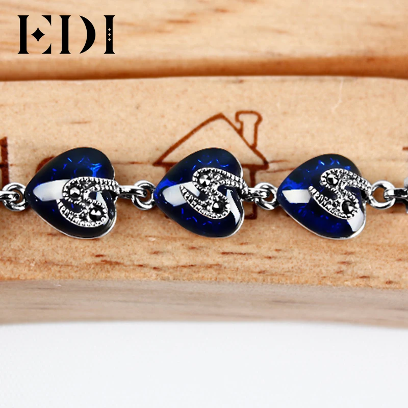 EDI Vintage Thai Silver Design Simulated Sapphire Bracelets For Women Natural Style With 925 Sterling Silver Fine Jewelry