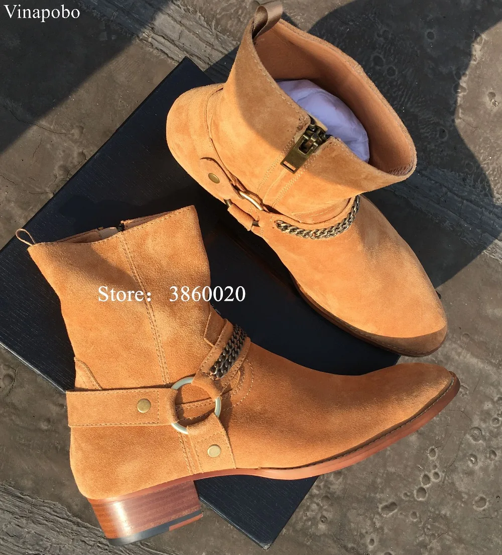

VINAPOBO High Top Handmade Wyatt Harry Buckle Ring Strap vintage Chain Men Chelsea Boots Leather Denim Banquet Martin Booots