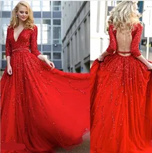 Robe de soiree Sexy Langer Abschlussball Kleidet 2017 Rot V ansatz Dreiviertel Backless Perlen Abendkleid vestidos de baile ballkleider