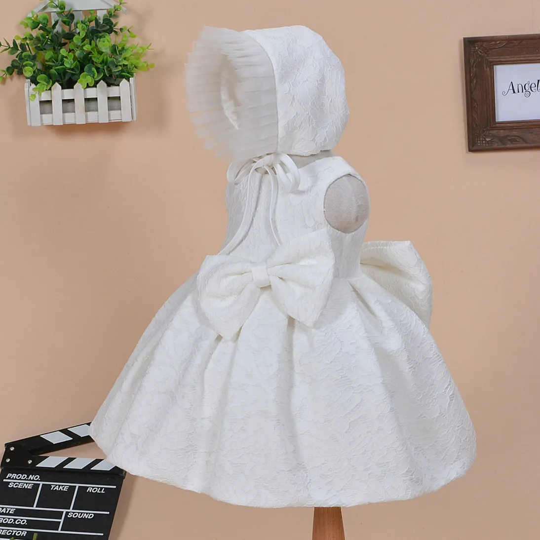Baby Girl Baptism Dress With Hat Bow Gown Ball White Formal Baptism