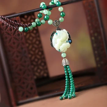 

Jade autumn and winter sweater chain national wind accessories necklace retro green pendant Dongling jade pendant