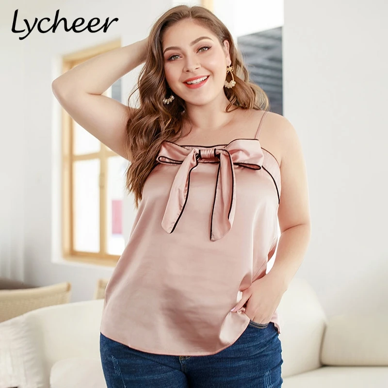 

Lycheer Plus size spaghetti strap satin women cami tops Elegant bow tie casual big size female tank tops Soft summer tops 2019