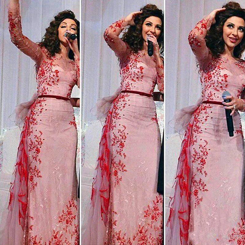 

Fashion Appliques Sheer Long Sleeve Evening Prom Gown with Detachable Train Arabic Dress for Wedding Party Custom Made