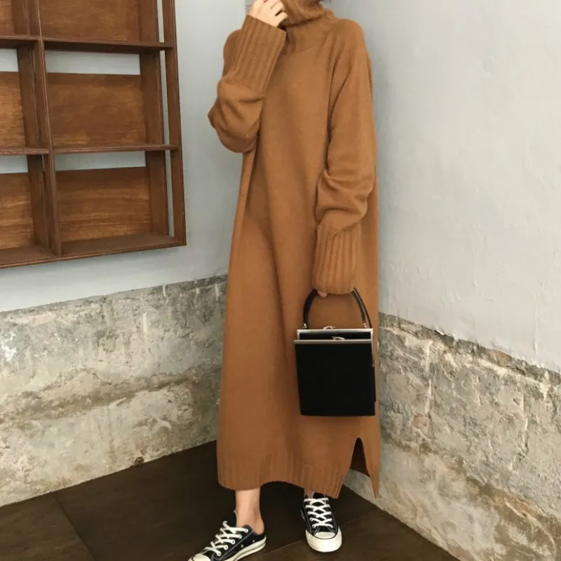 Women Autumn Winter thick Turtleneck long Sweater Dress ladies Long Sleeve straight split Knitted pullover dresses solid Women Autumn Winter thick Turtleneck long Sweater Dress ladies Long Sleeve straight split Knitted pullover dresses solid