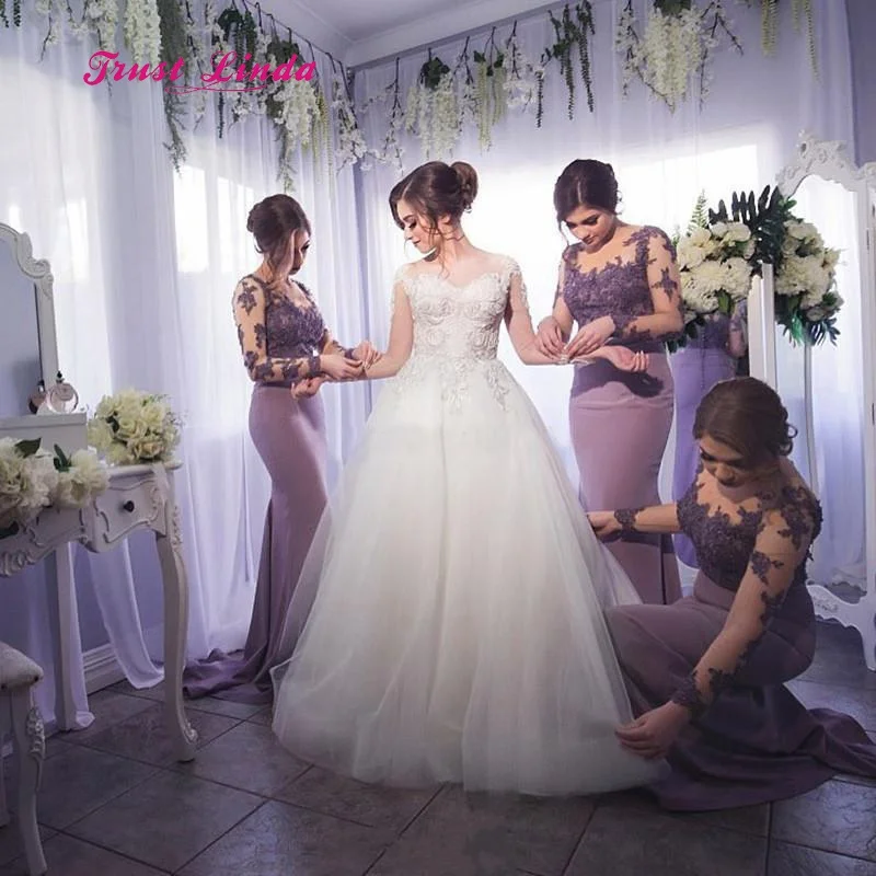 Лавандовое платье подружки невесты длинные иллюзионные шеи Аппликация Русалка подружки невесты платья с длинным рукавом vestidos De Fiesta De Noche