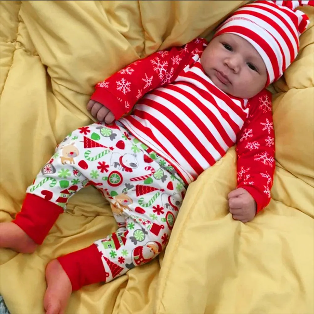 Рождественский комплект одежды из 3 предметов для маленьких мальчиков и девочек, топы в полоску с рисунком оленя+ штаны+ шапочка, комплект одежды, праздничная одежда
