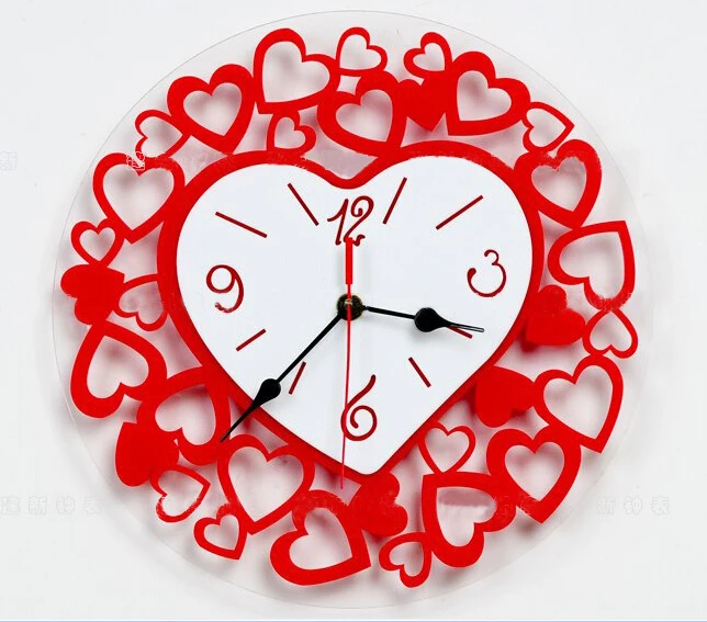 Home decoration! Red Heart Shape Wall Clock Modern Design 3d Wall Watch