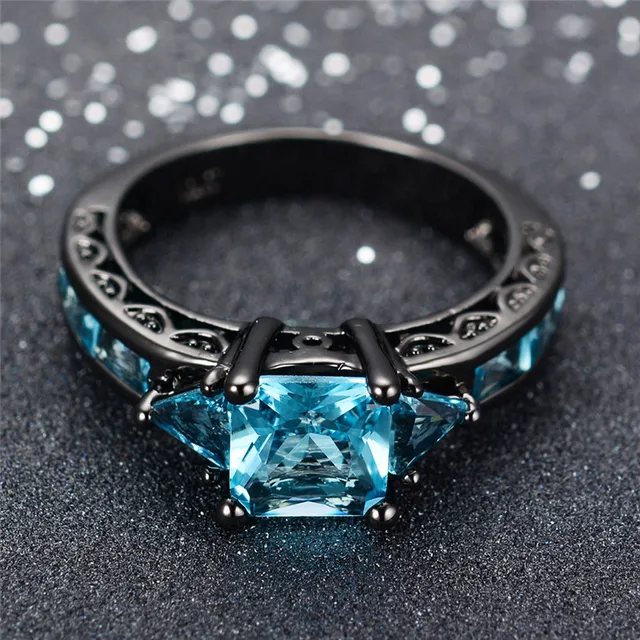 Size 6-10 Classical Jewelry Princess Cut Light Blue Wedding Ring Black Gold Fill Size 6-10 Classical Jewelry Princess Cut Light Blue Wedding Ring Black Gold Fill