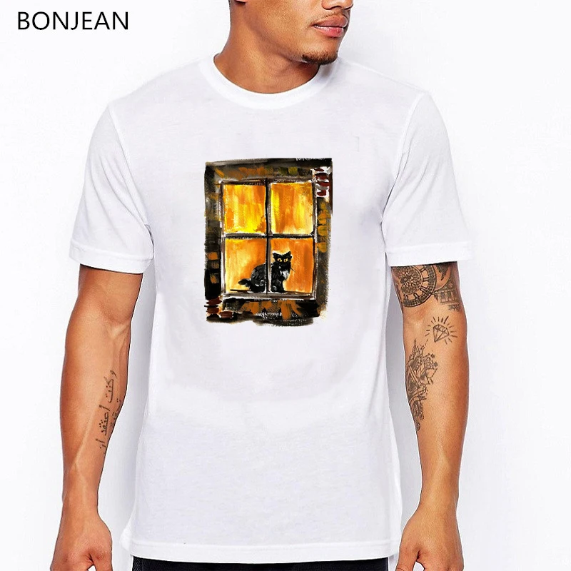 

Black cat painting tshirt men 90s aesthetic art clothes funny t shirts camisetas hombre harajuku shirt men t-shirt streetwear