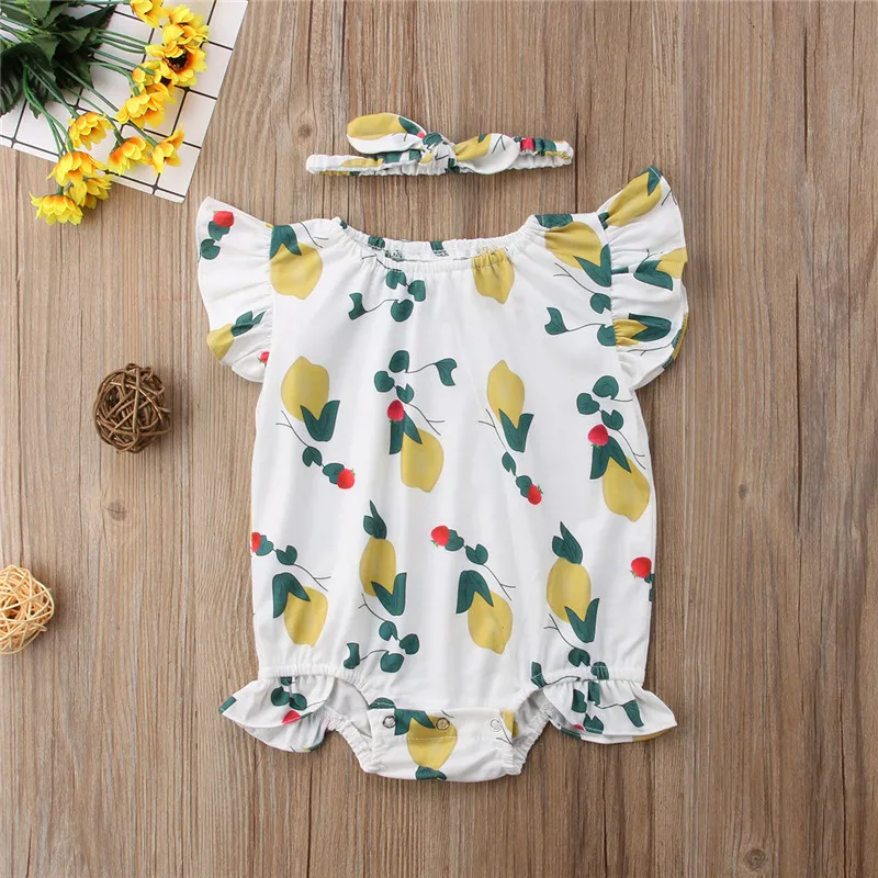 Bodysuit Sleeveless Headband Lemon Casual Summer Clothes Girl Clothing 0-24M Newborn Baby Girls Bodysuits Floral Jumpsuit