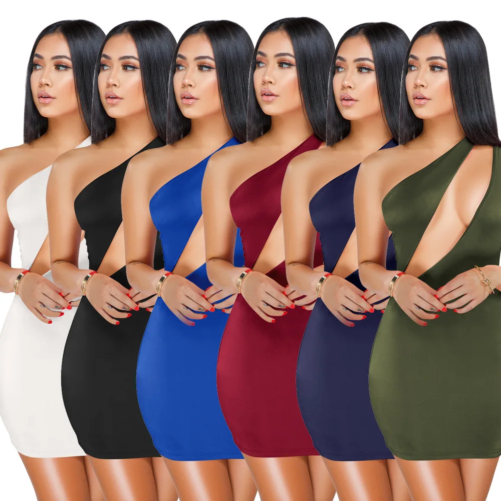 

Women fashion solid Christmas party dress New one-shoulder sexy dresses spaghetti straps hollow out high waist autumn winter